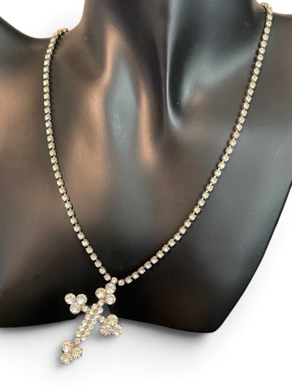 1950’s Soldered Glass Rhinestone Cross Statement Choker Necklace - Picture 1 of 8